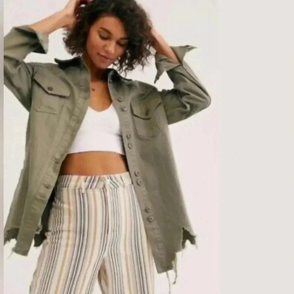 Free People Moonchild Distressed Green Button Front Utility Denim Jacket Size XS